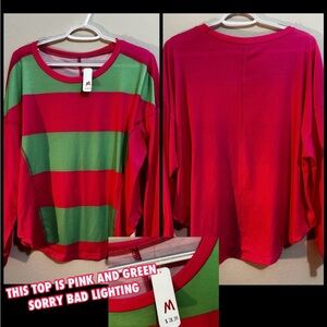 Pink and Green Striped Long Sleeve Top